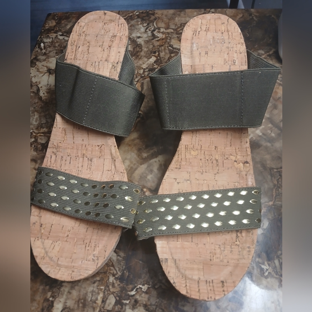Olive Green & Gold Stud Slip On Cork Wedge Sandal 10M